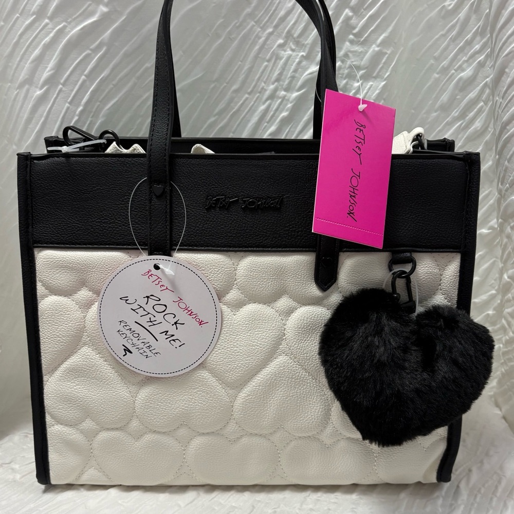 Betsey Johnson Black & White Quilted Heart Tote with Pom Heart Charm